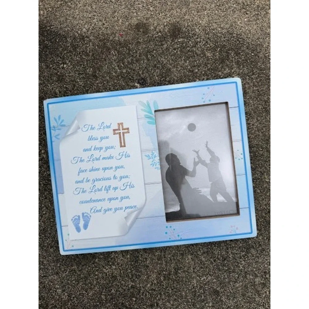 Religious Baby Boy Picture Frame Blue Scripture‎ Cross 4x6 Photo Nursery Decor